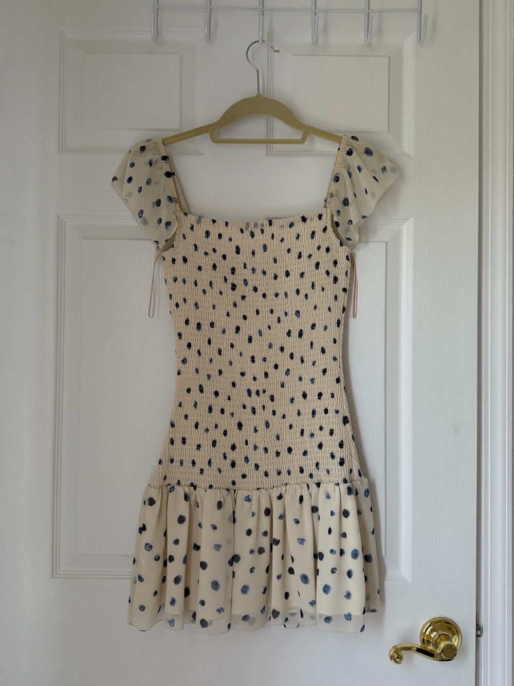 Aritzia Wilfred Cream Mini Dress with Blue and Black Dot Print